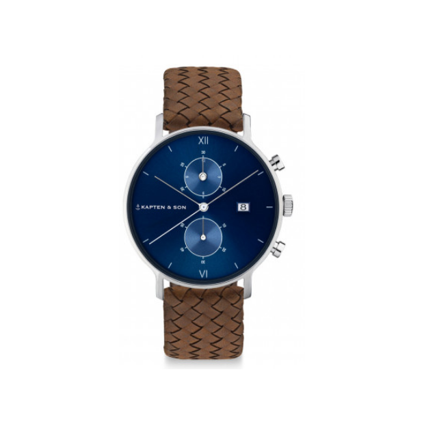 Hodinky KAPTEN and SON CHRONO SILVER BLUE BROWN WOVEN LEATHER