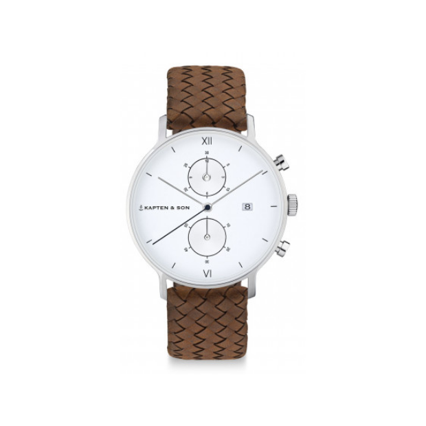 Hodinky KAPTEN and SON CHRONO SILVER BROWN WOVEN LEATHER