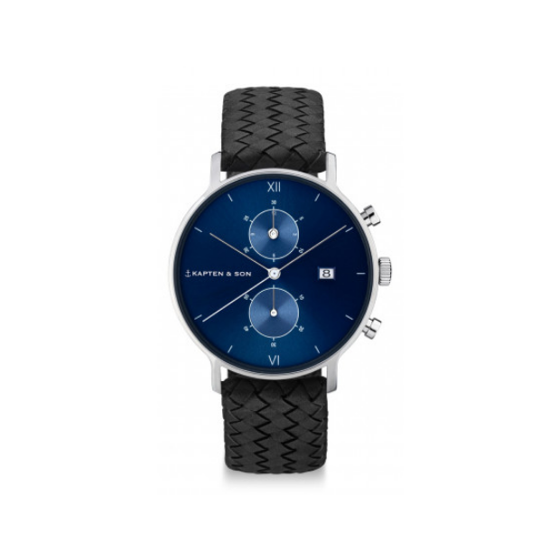 Hodinky KAPTEN and SON CHRONO SILVER BLUE BLACK WOVEN LEATHER