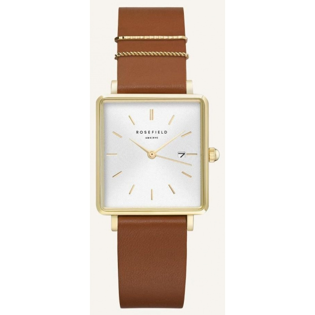 Hodinky ROSEFIELD THE BOXY WHITE SUNRAY COGNAC GOLD / 33 MM QSCG-Q029